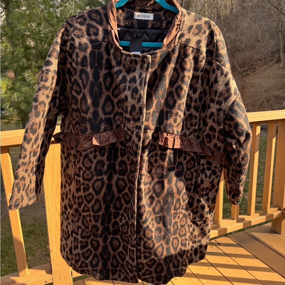 RuXuan Woman’s XL Helen Heart Leopard Print Swing Coat Ruffle Trim 3/4 Quarter - Picture 8 of 14